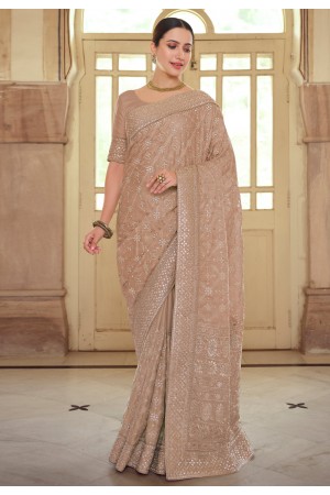 Beige satin georgette festival wear saree 7513