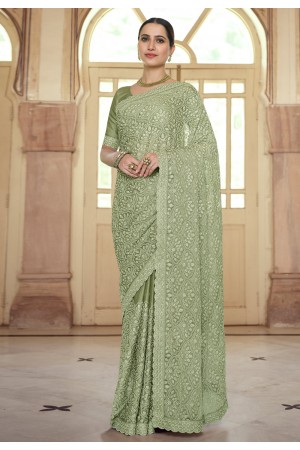 Green chiffon saree with blouse 7506