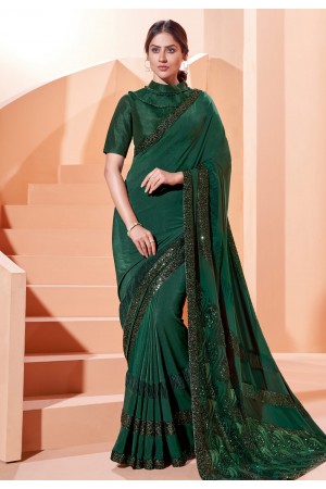 Green lycra saree with blouse 41309