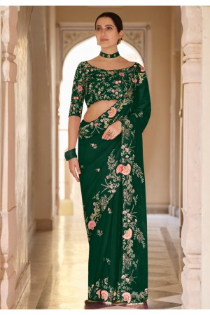 Green organza festival wear saree 7608