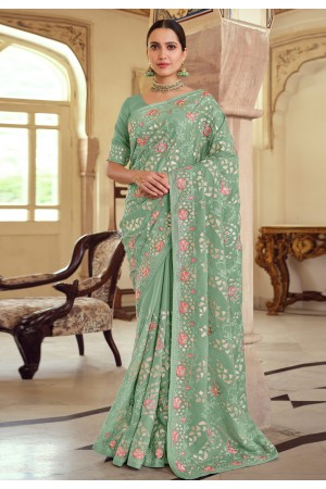 Green satin georgette festival wear saree 7501