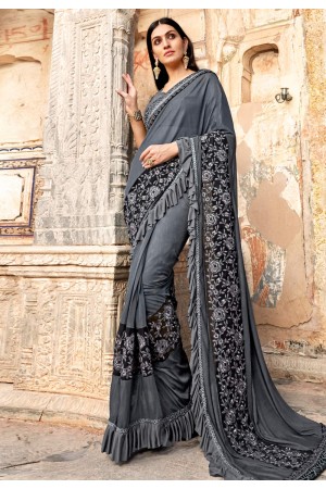 Grey jacquard silk festival wear saree 38326