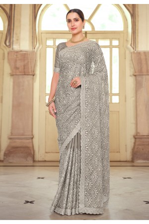 Grey chiffon saree with blouse 7514