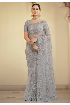 Grey net saree with blouse 7512