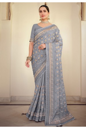 Grey satin georgette festival wear saree 7503