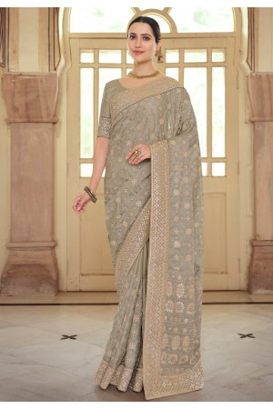 Grey satin georgette festival wear saree 7521