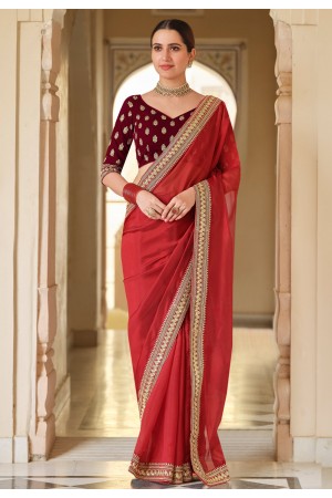 Maroon organza festival wear saree 7604