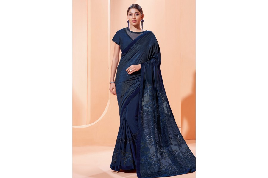 Navy Blue Lycra Drape Saree with Embroidered Silk Jacket