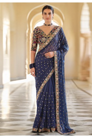 Navy blue organza saree with blouse 7601