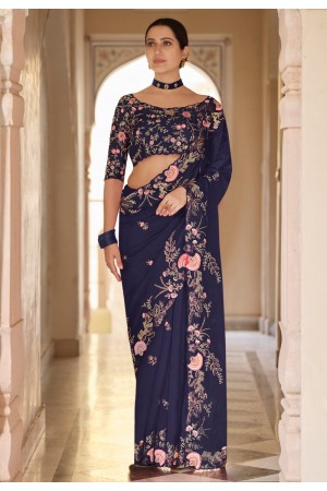 Navy blue organza saree with blouse 7611