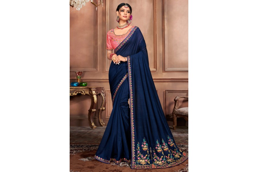 Designer Navy Blue Silk Saree KN05