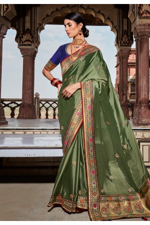 Olive green silk saree with blouse 1401