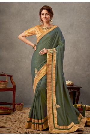 Olive green tussar silk saree with blouse 41514