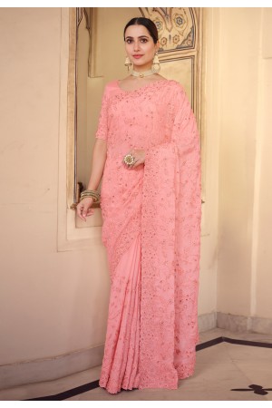 Pink chiffon saree with blouse 7508