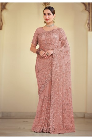 Pink net saree with blouse 7528