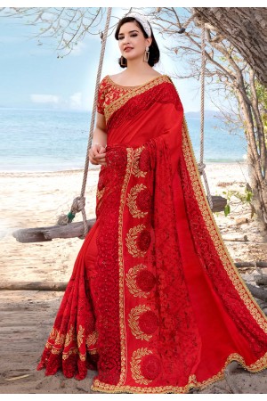Red barfi silk saree with blouse 67879