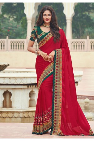 Red silk festival wear saree 3607