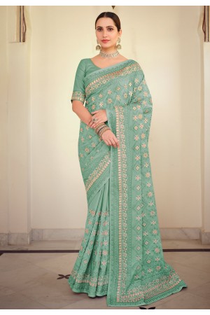 Sea green satin georgette festival wear saree 7533