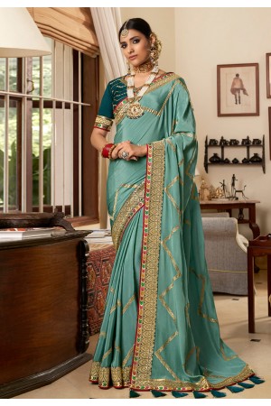 Sea green silk saree with blouse 2610