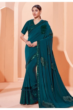 Teal lycra saree with blouse 41301