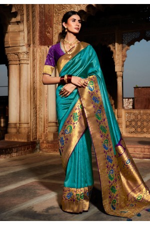 Turquoise silk saree with blouse 1413
