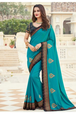 Turquoise silk saree with blouse 3608