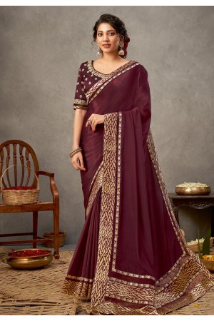 Wine satin silk festival wear saree 41518