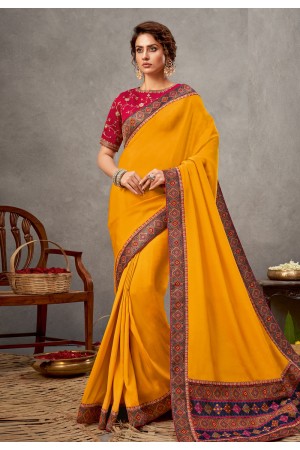 Yellow satin silk saree with blouse 41520