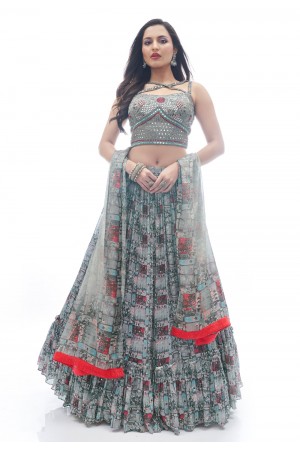 Chinon a-line lehenga choli in Grey colour 1013