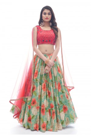 Chinon floral lehenga choli in Sea green colour 1007