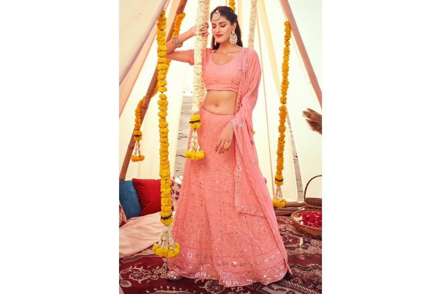 Pink Woven Design Georgette Lehenga Choli