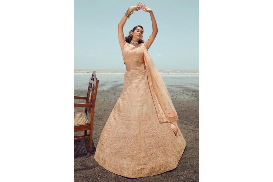 Peach Organza Silk Lehenga Choli