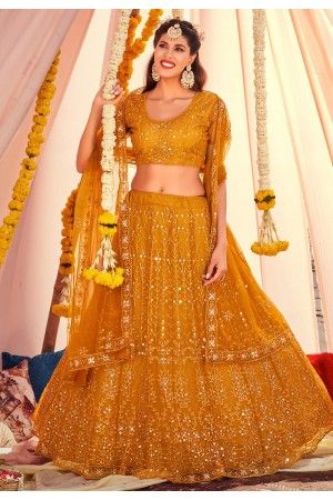 Soft net sequence work lehenga choli in Mustard colour 1171