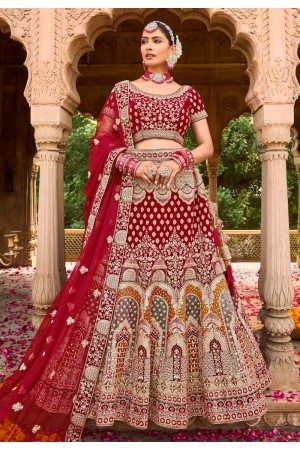 Velvet embroidered bridal lehenga choli in Maroon colour 1002