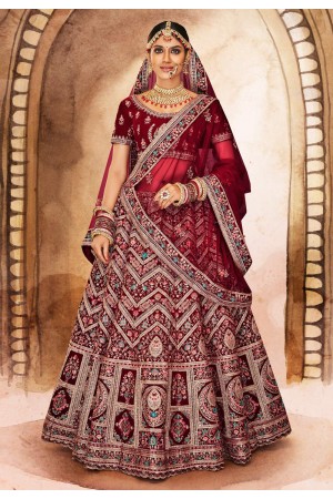Velvet embroidered bridal lehenga choli in Maroon colour 16001