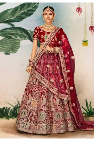 Velvet embroidered bridal lehenga choli in Maroon colour 16003