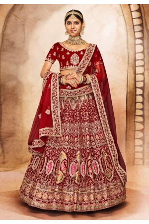 Velvet embroidered bridal lehenga choli in Maroon colour 16006