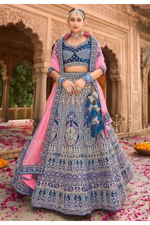 Velvet embroidered circular lehenga choli in Blue colour 1001