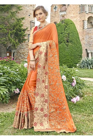 Orange Faux Georgette Embroidered Wedding Saree 4203