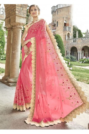 Pink Chiffon Embroidered Wedding Saree 4205