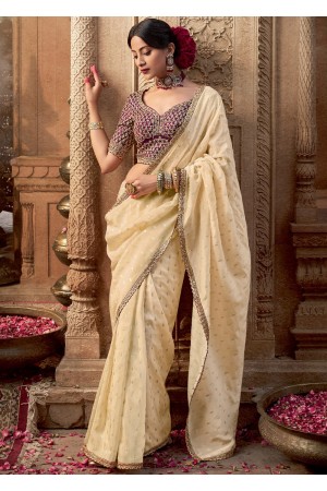 Off white and Wine color Pure viscous crepe zari butta weaving wedding saree 6508