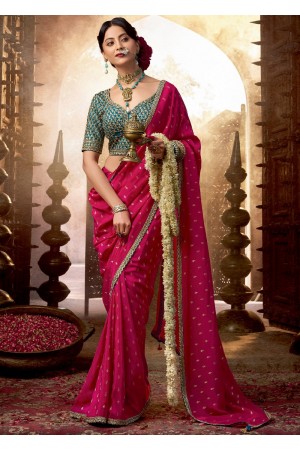 Rani Pink and rama color Pure viscous crepe zari butta weaving wedding saree 6503