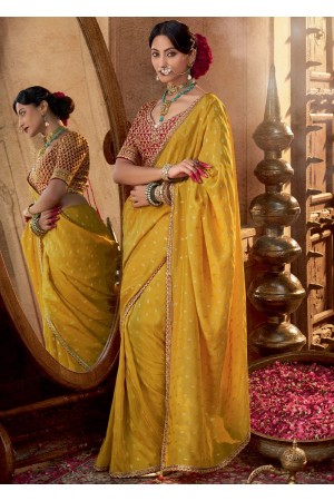 Yellow and red color Pure viscous crepe zari butta weaving wedding saree 6506
