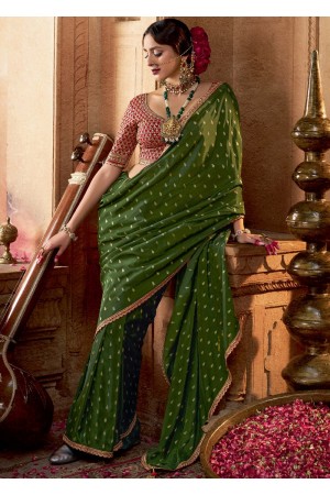 Green and red color Pure viscous crepe zari butta weaving wedding saree 6505