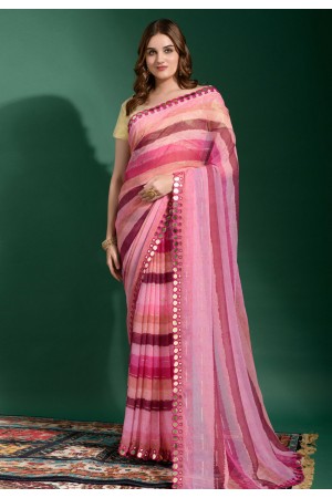 Chiffon Saree with blouse in Pink colour 2014