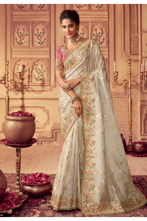 Chinon Saree with blouse in Cream colour 8004