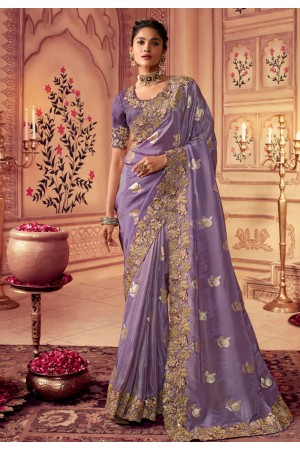 Chinon Saree with blouse in Lavender colour 8002