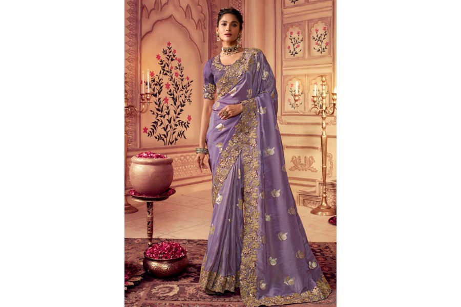 Lavender Embroidered Chinon Saree With Unstitched Blouse Piece