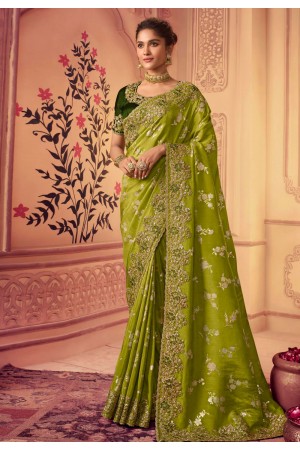 Chinon Saree with blouse in Light green colour 8009