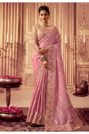 Chinon Saree with blouse in Pink colour 8006